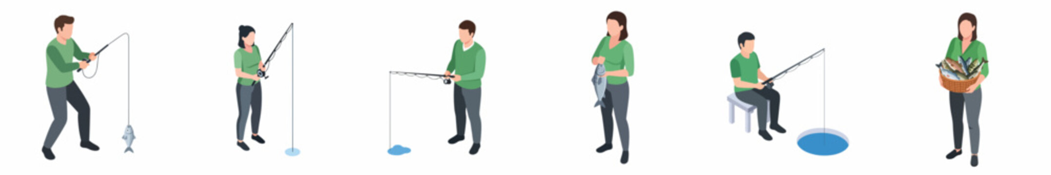 Isometric People in Different Poses Engaged in Hobby Fishing Illustration