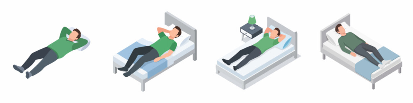 Isometric Flat Illustration Collection of Man Sleeping and Relaxing Comfortably in Bed Daily Routine Concept