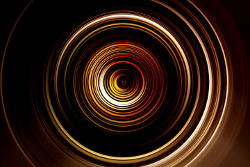 Abstract circular motion blur with glowing golden, orange and red concentric rings on dark background. dynamic vortex effect, futuristic energy flow, radial speed and rotation concept.