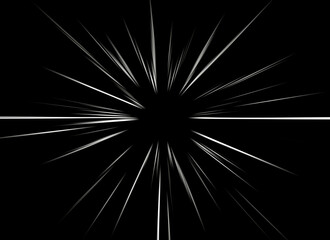 Obraz premium Abstract surface of blur radial zoom in white light rays on black background, minimal monochrome starburst effect. dynamic motion lines, futuristic energy burst and speed concept.