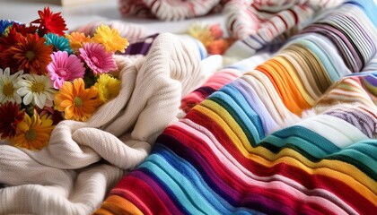 A Colorful Blanket With Flowers And Stripes On It The Blanket Is White And Has A Lot Of Colors