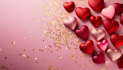 Red And Pink Hearts On Pink Background With Gold Dots