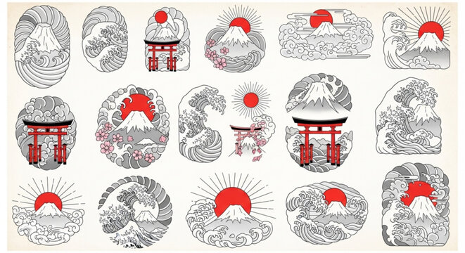 Vibrant Japanese tattoo designs featuring iconic Mount Fuji and torii gates