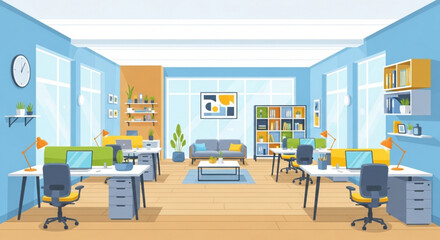 Obraz premium Empty Modern Open Plan Office Interior Illustration with Desks and Blue Walls