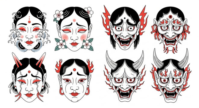 Vibrant Japanese Noh masks collection for artistic projects and designs