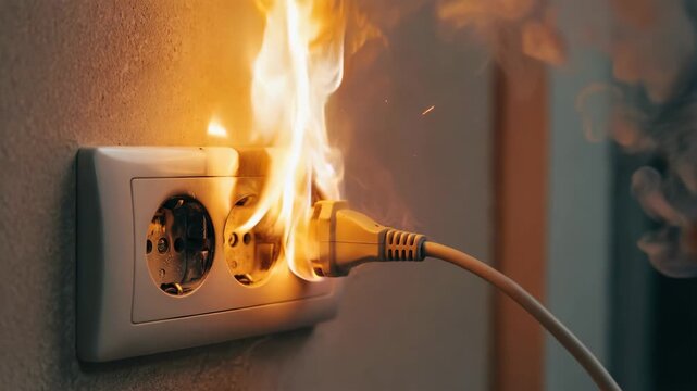 Overloaded faulty electric socket with plug burning on fire
