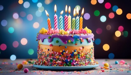 Birthday Cake With Candles And Colorful Decorations