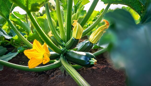 Close Up Of A Zucchini Plant With Immature Fruits And Blossoms