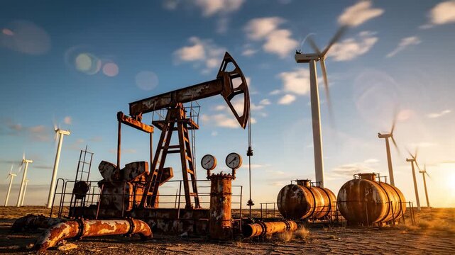 Old rusty oil pump jack standing idle in a desert landscape with modern wind turbines generating clean, renewable energy in the background, symbolizing the transition from fossil fuels