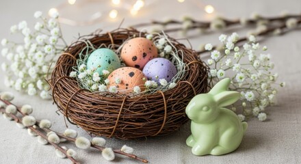 Obraz premium Easter nest with colorful eggs and bunny decoration on spring background