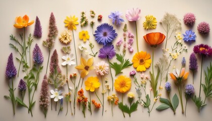 A Vibrant Assortment Of Colourful Wildflowers Arranged In A Flat Herbarium On A Muted Background