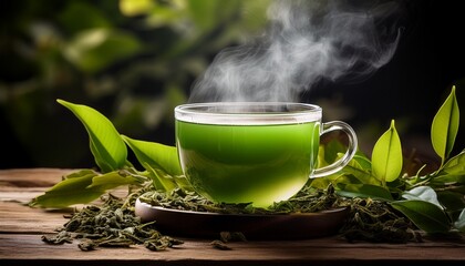 Steaming Green Beverage In A Cup Surrounded By Tea Leaves On A Wooden Surface