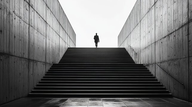Man Walking Up Concrete Stairs in Monochrome Urban Scene