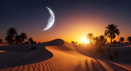 Desert landscape with sand dunes palm trees and crescent moon at sunset