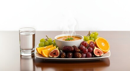 Fresh fruit and dates on a white plate with a bowl of soup and a glass of water