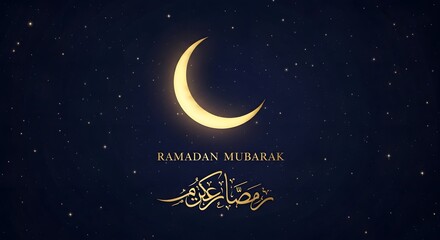 Ramadan Mubarak greeting card with crescent moon and stars in night sky