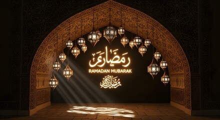 Ramadan Mubarak greeting with traditional Arabic lanterns and archway  Islamic holiday celebration