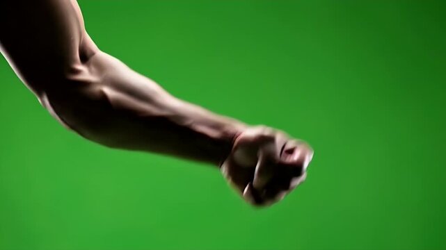 Close-up of a muscular arm with a clenched fist against a green background