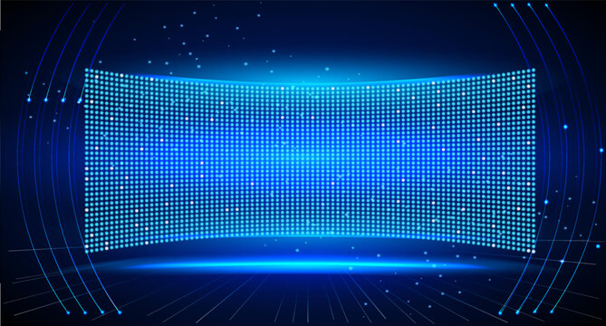 curved display is filled with bright blue dots and lines. The scene is set in a dark space, creating a high-tech feel for a modern event. It showcases digital technology.