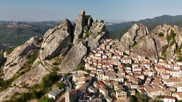 Aerial Drone View of Pietrapertosa Village Nestled Among Rocky Peaks in the Dolomiti Lucane, Basilicata, Italy