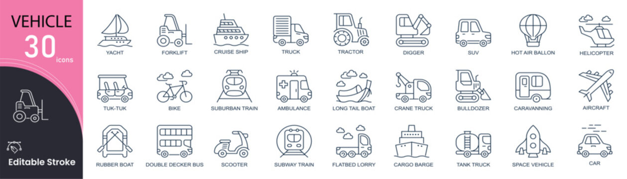  Vehicle related line icons set. Pack outline pictograms of truck, tram, car, cruise, ship, tractor, helicopter, aircraft, forklift and other. Editable stroke.