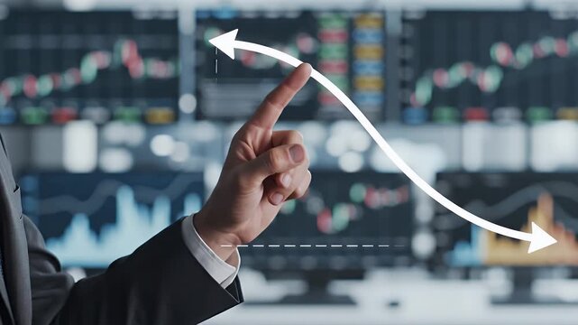 A hand gestures down over blurry financial charts on computer screens in an office