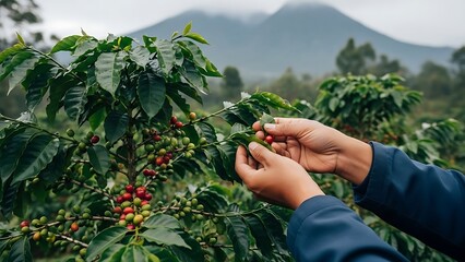 Hands Harvesting Coffee Beans on Plant.