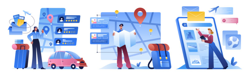 Flat travel illustration set with people planning trip with digital map, smartphone app. Tourism concept with itinerary, route, location pins, flight tickets, taxi, suitcase, online booking on screen © redgreystock