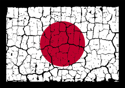 Illustration of the national flag of Japan Nisshoki painted on a cracked wall. Grunge distressed style background with official Japanese red sun circle and white colors.
