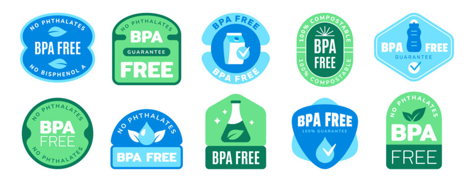 Bpa free badge logo vector set. No bisphenol a and phthalates symbols for health and safety. Non toxic plastic stickers or emblems. Eco friendly product label design with water drop, leaf, tick icons