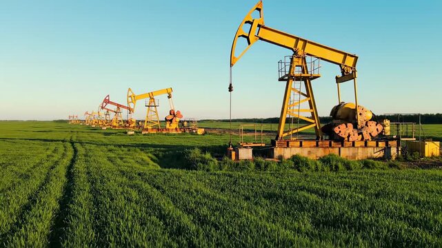 Industrial oil pumpjacks working in a row on a beautiful green agricultural field, extracting crude oil from underground and representing the fossil fuel industry and its environmental impact
