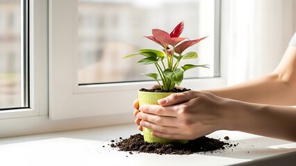 Hands Holding Potted Plant Near Window.