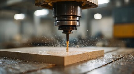 Close up of a precision CNC router cutting into a wooden board in a factory setting