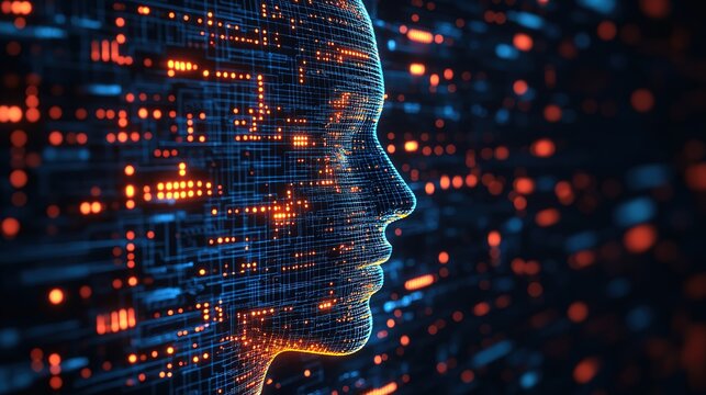 Digital Human Profile with Circuit - like Patterns and Glowing Dots