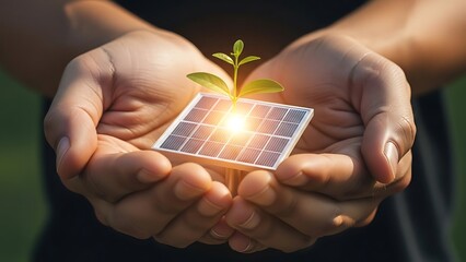 Hands Holding Solar Panel with Sprouting Plant.