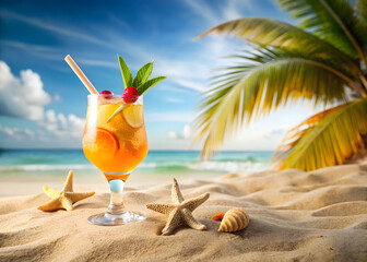 Obraz premium A refreshing cocktail on a tropical beach with palm trees and starfish