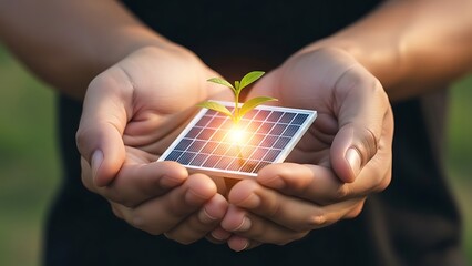 Hands Holding Solar Panel with Sprouting Plant.