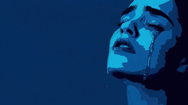 Woman cries intensely with tears streaming down face in deep blue.