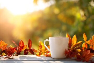 Peaceful Autumn Moment with Warm Tones and Steaming Mug in the Sunlight