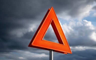 Warning Sign Under Stormy Sky Indicating Caution in Area with Dark Clouds
