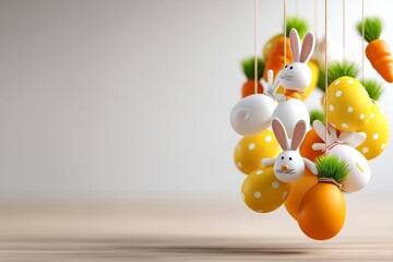 Playful 3D Render of Easter Decorations with Hanging Eggs and Bunnies