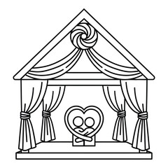 Illustrated wedding or marriage canopy with heart symbol and couple silhouette under decorative drapes