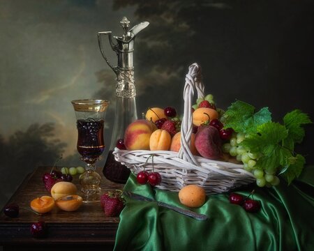 Still life with fruits and red wine