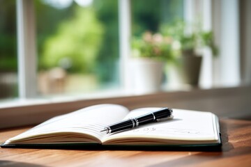 Pen and Notebook on Desk with Natural Light Streaming through Window