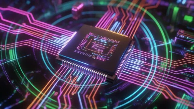 A microchip with circuitry and vibrant neon lights on a dark background, surrounded by glowing lines, symbolizing advanced technology and innovation