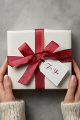 Naklejka premium Hands holding white gift box with red ribbon and for you tag. Person presenting a gift box with a red bow and a tag saying For You