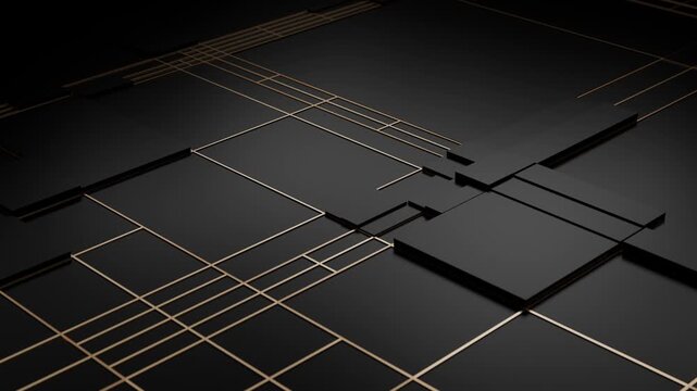 Looped 3D background with smoothly transforming dark matte geometric panels and thin gold grid lines. Minimalist luxury technology design with rectangular black blocks and soft shadows. Loop 4K 60fps