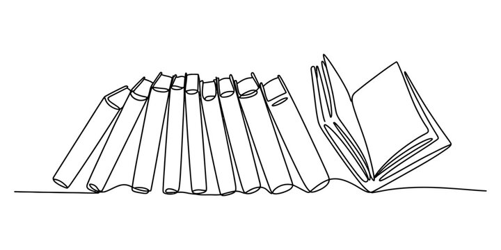Continuous line drawing of a row of books on a shelf with one book open at the end. Vector, illustration