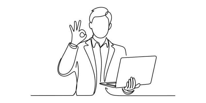 One line drawing of a businessman holding a laptop and showing an okay hand sign gesture Vector, illustration