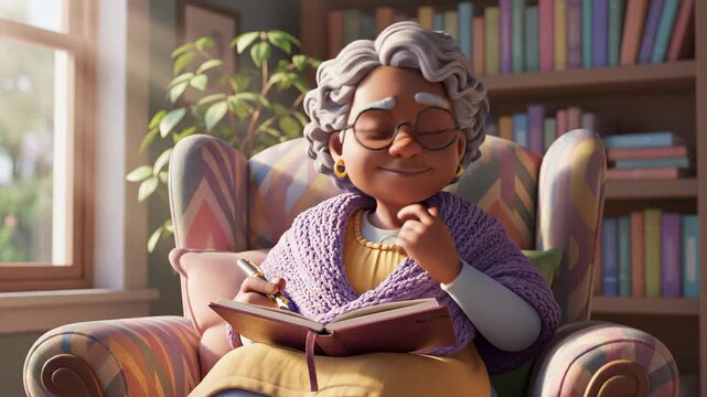 An elderly woman enjoying a cozy moment of writing and contemplation in an armchair filled with sunlight in a cartoon style, Animation